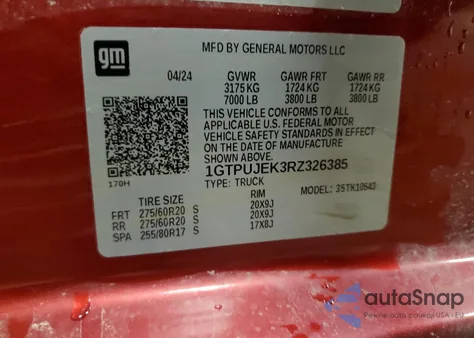 2024 GMC Sierra K1500 Elevation-L from USA, damaged, VIN 1GTPUJEK3RZ326385
